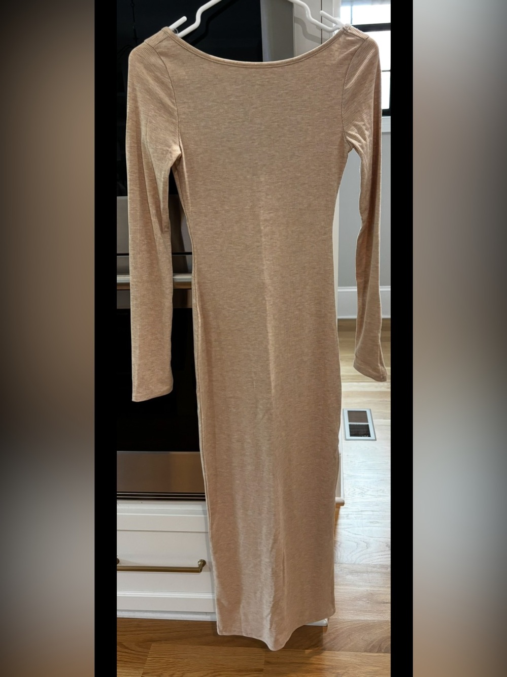 Pinkblush Neutral Beige Long Sleeve Ribbed Maxi Dress